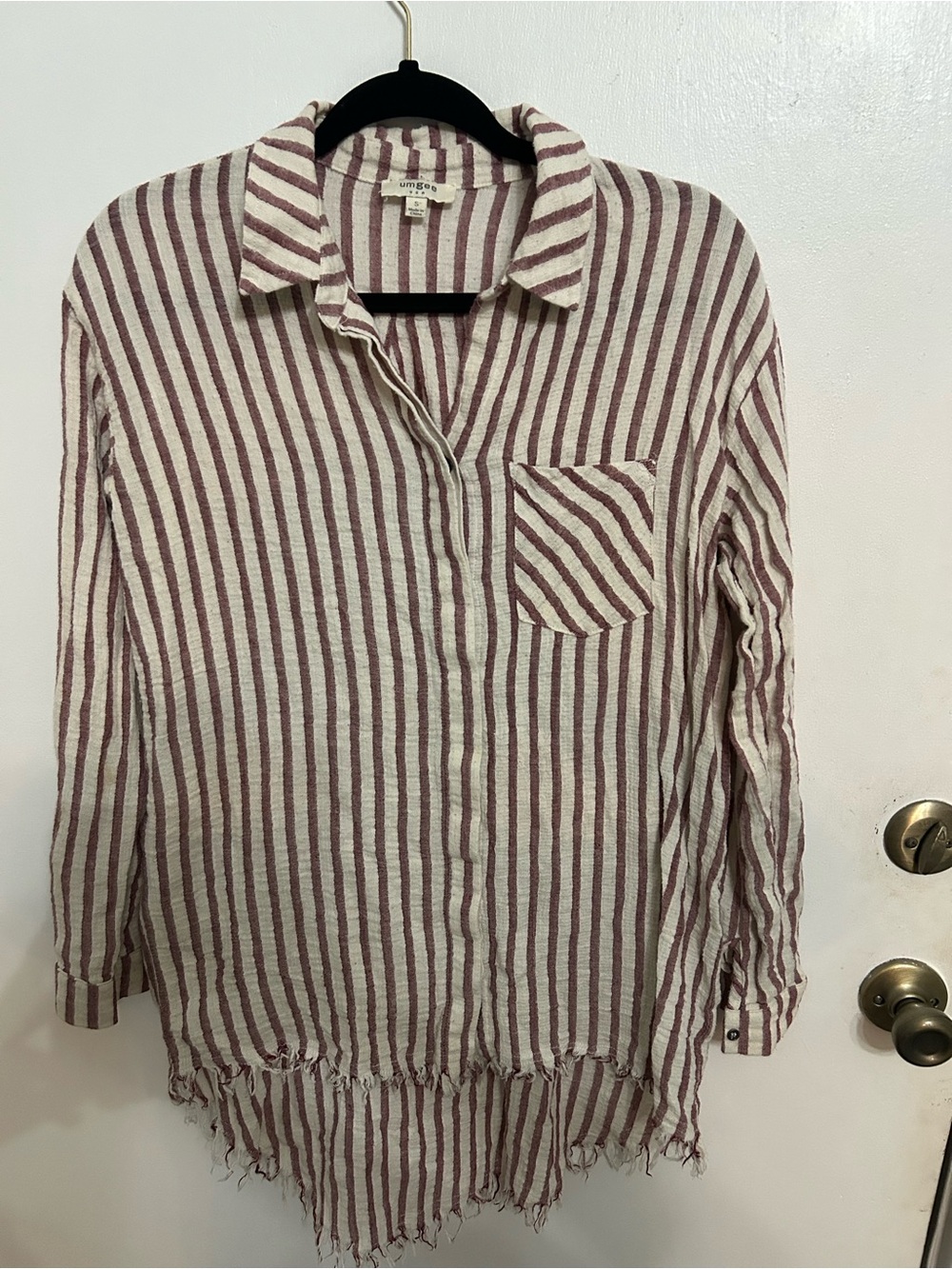 Umgee Cream and Burgundy Striped Button Down Tunic